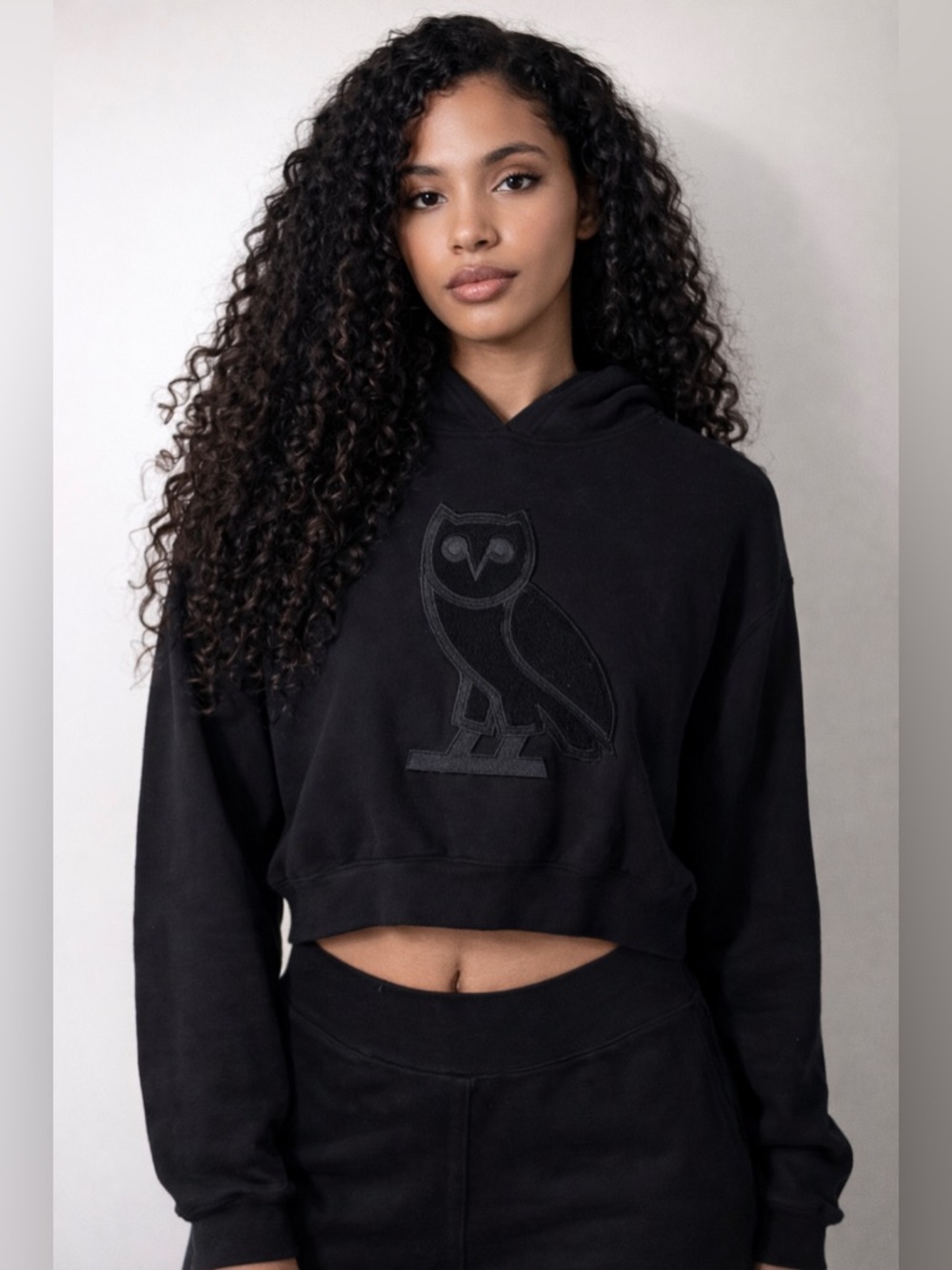OVO Black Cropped Hoodie with Embossed Owl